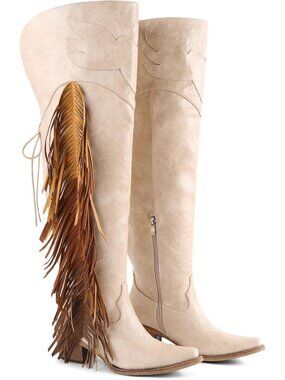 〽️Women's Knee-Calf Faux Fur Boots Beige Faux Leather Furry Heel Pointed Toe